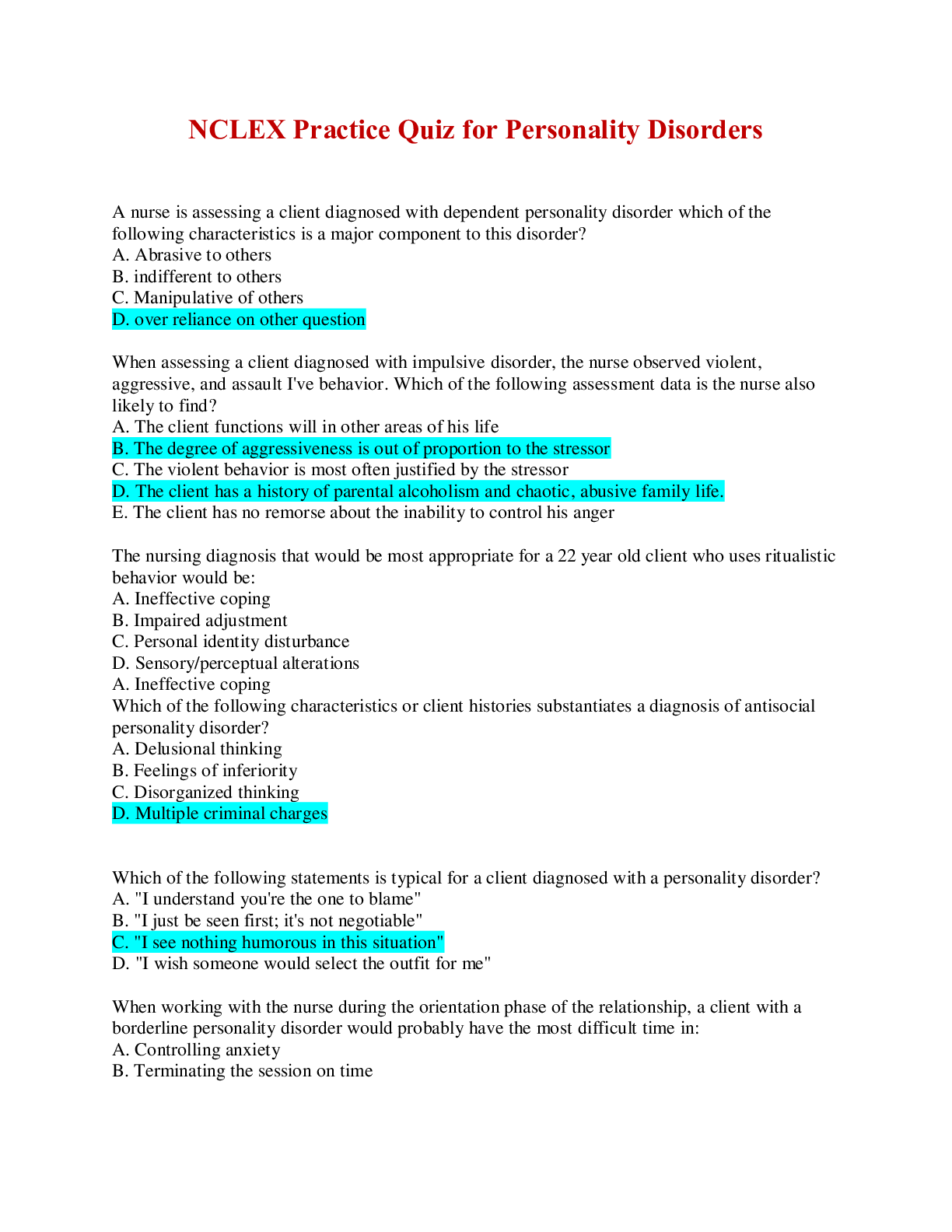 NCLEX Practice Quiz for Personality Disorders Browsegrades